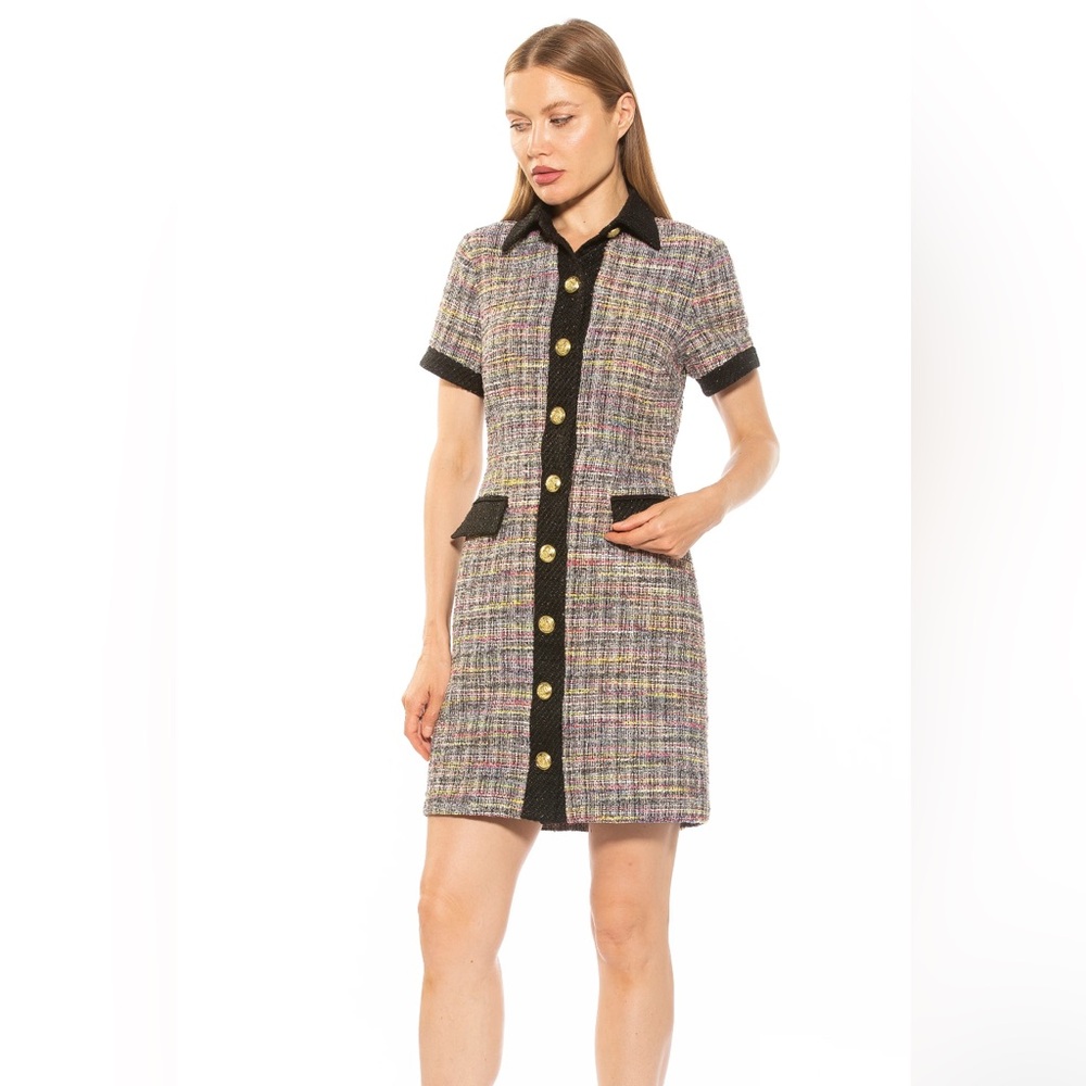 Alex Admor Jenni Dress Black Multi Color Short Sleeve Tweed Dress Sz 12